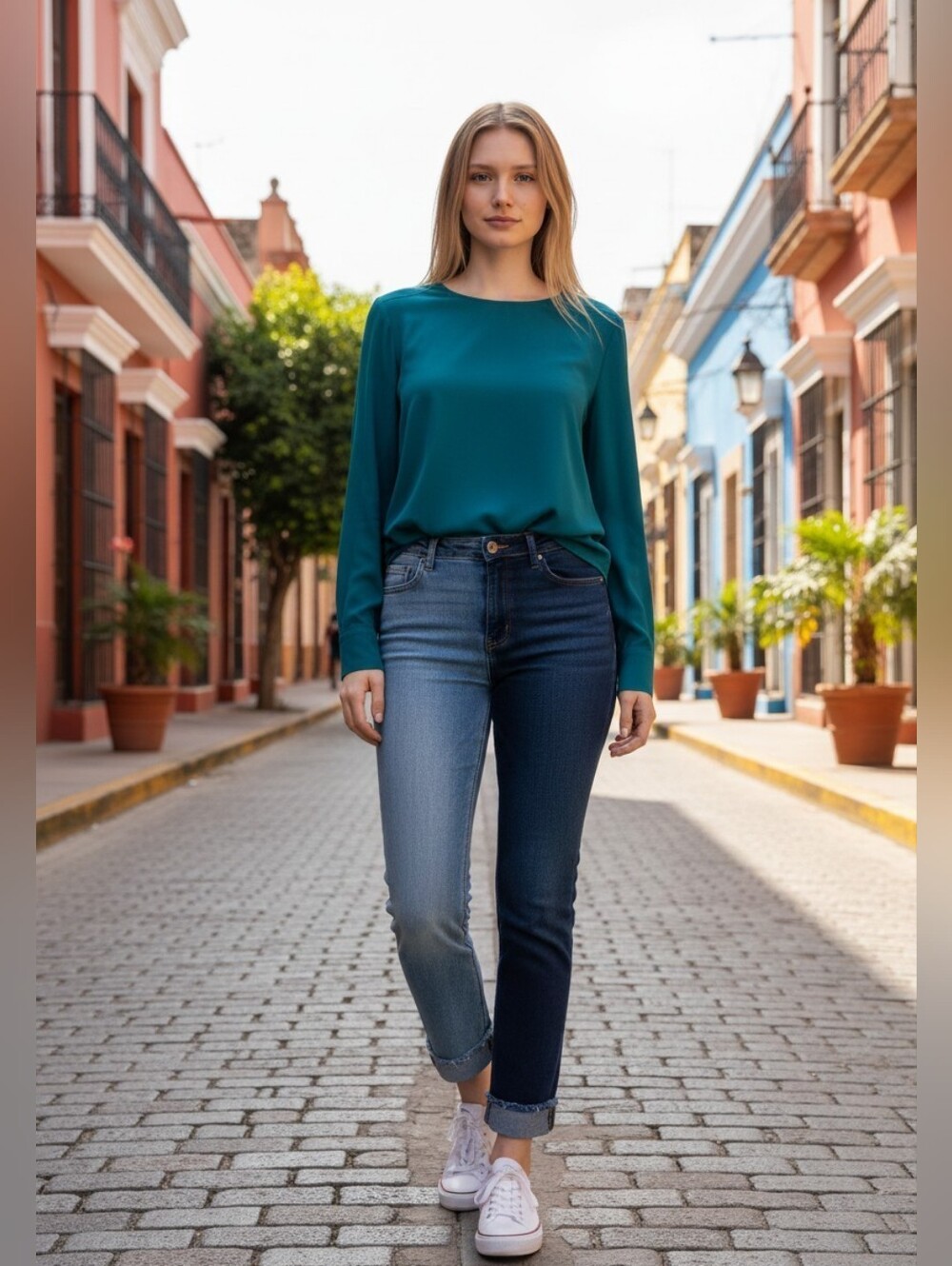 Flying Angel Two-Tone High-Rise Jeans - Light & Dark Blue